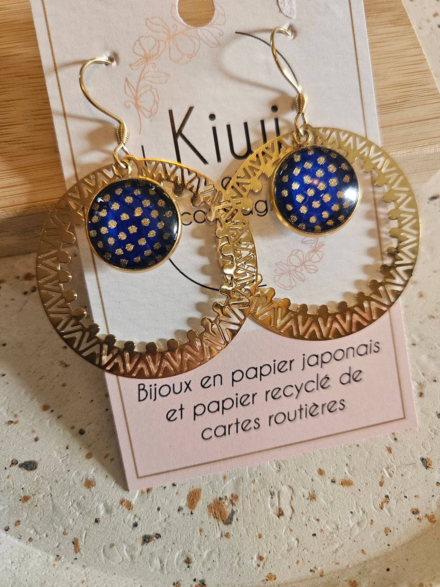 Boucles d'oreilles cabochons ronds 14mm - Acier inoxydable doré -anneau filigrane