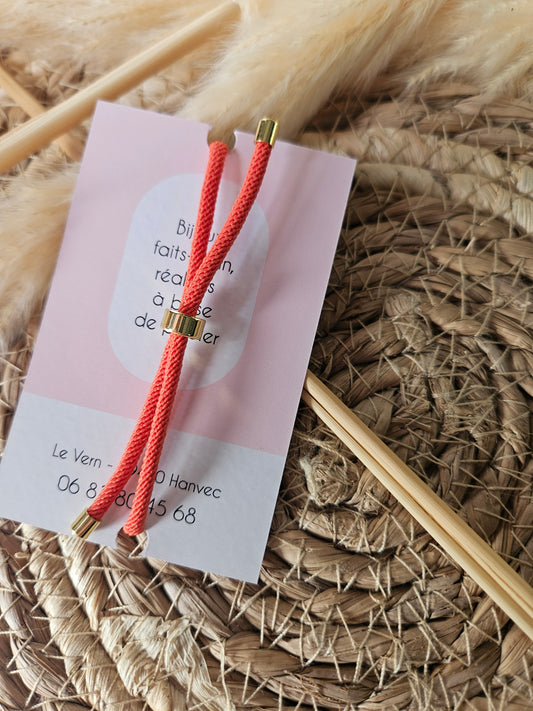 Bracelet réglable en coton orange  - cabochon orange et rouge