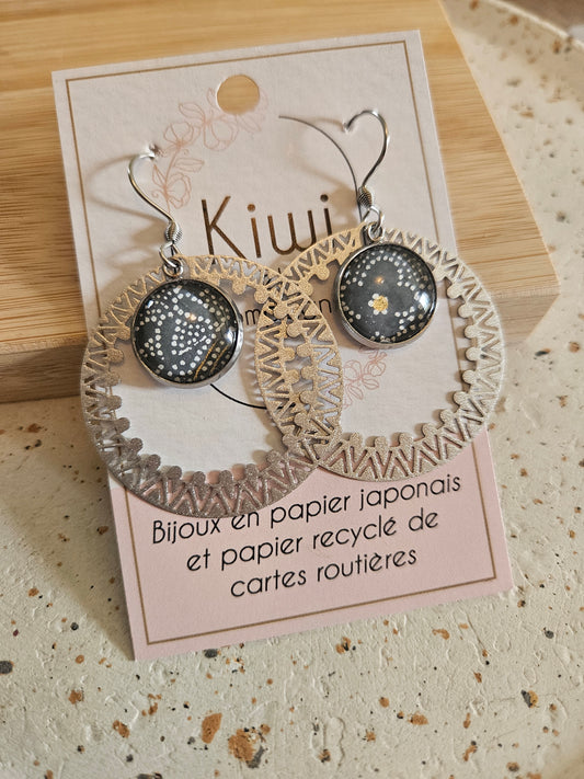 Boucles d'oreilles cabochons ronds 14mm - Acier inoxydable -anneau filigrane -gris