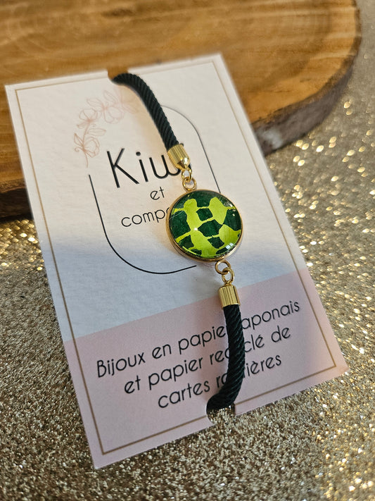 Bracelet réglable en coton vert foncé- cabochon vert