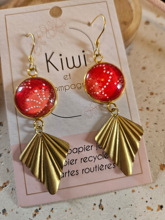 Boucles d'oreilles cabochons ronds 16mm - Acier inoxydable doré - papier japonais rouge floral - breloque losange