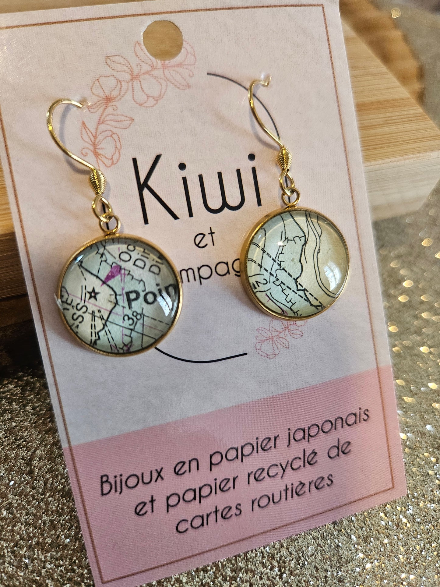 Boucles d'oreilles cabochons ronds - Acier inoxydable doré -carte marine