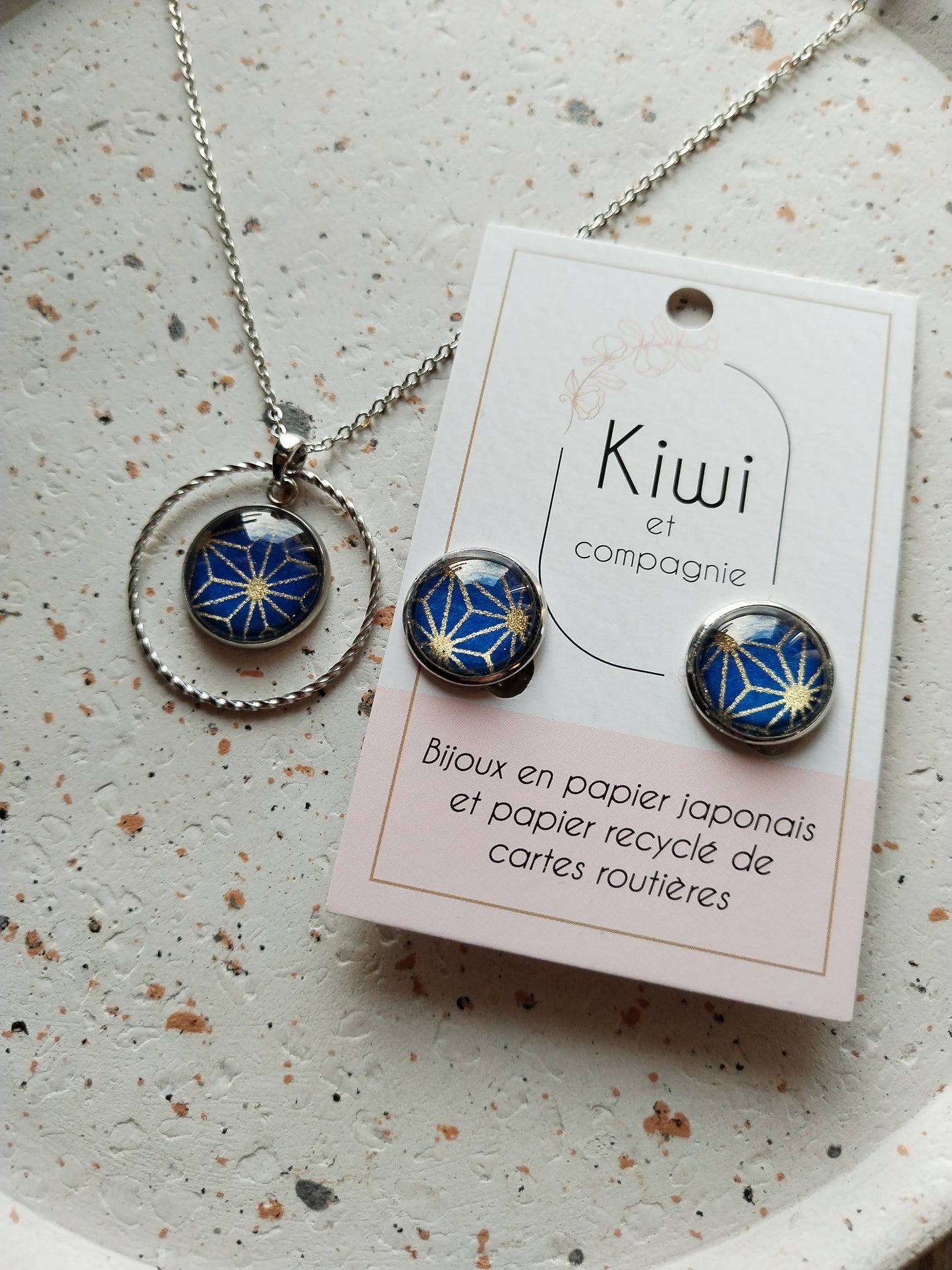 Parure clip /collier bleu et doré