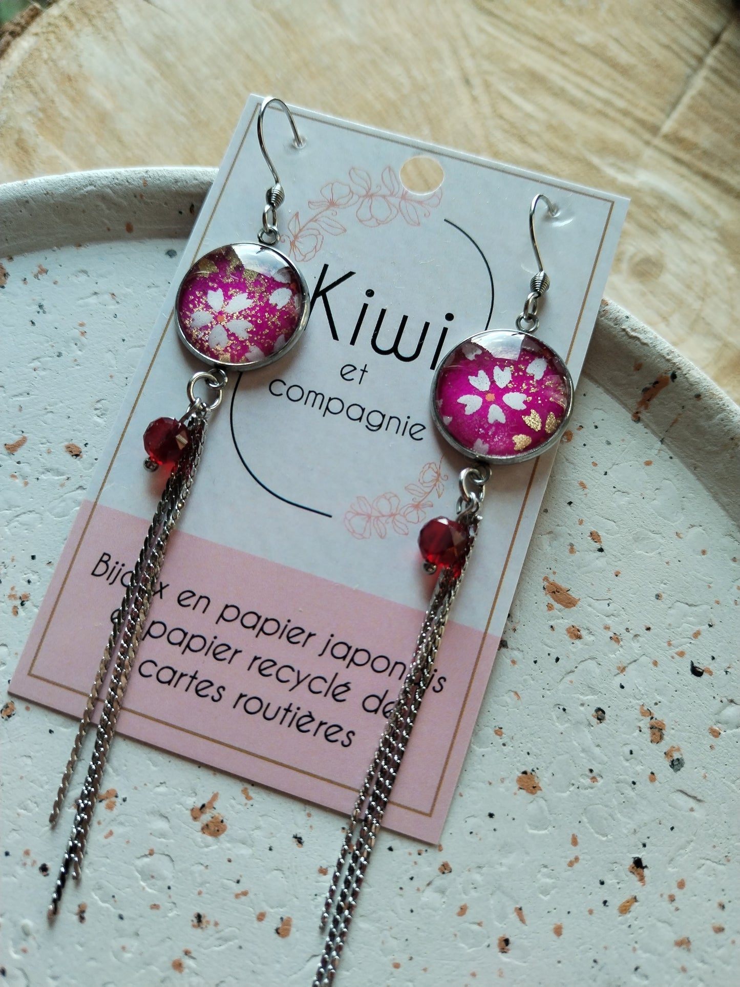 Boucles d'oreilles  - Cabochons 16mm - Acier inoxydable - Papier japonais floral framboise, blanc et doré