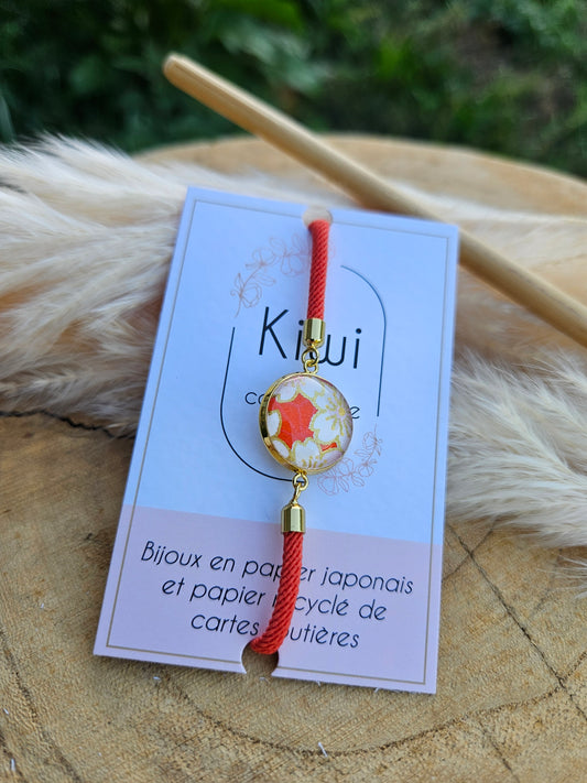 Bracelet réglable en coton orange  - cabochon orange  -fleur blanche