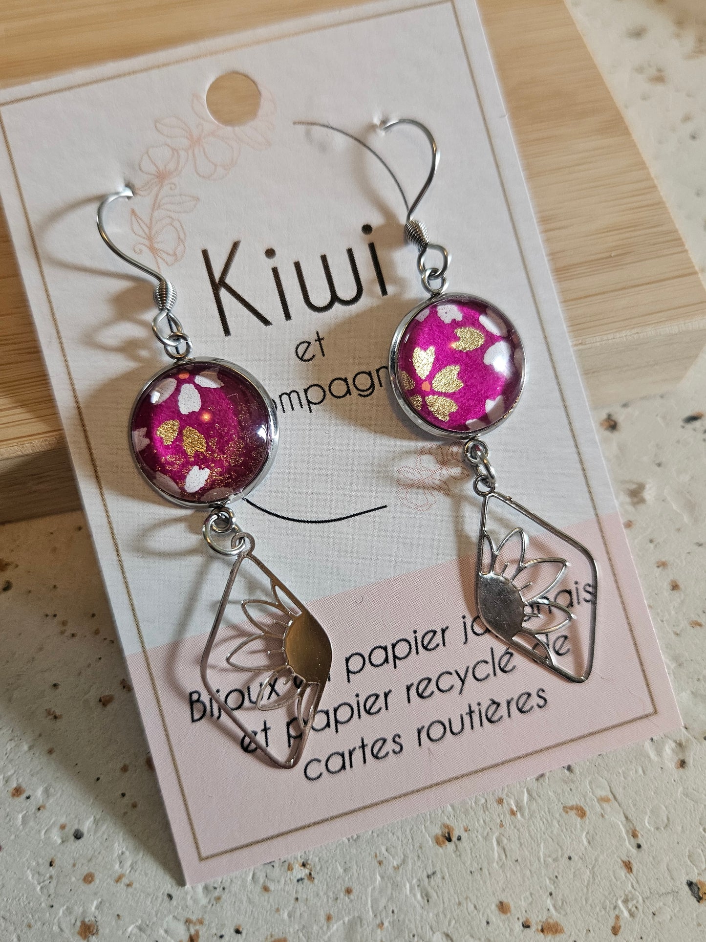 Boucles d'oreilles cabochons ronds 14mm - Acier inoxydable -losange framboise