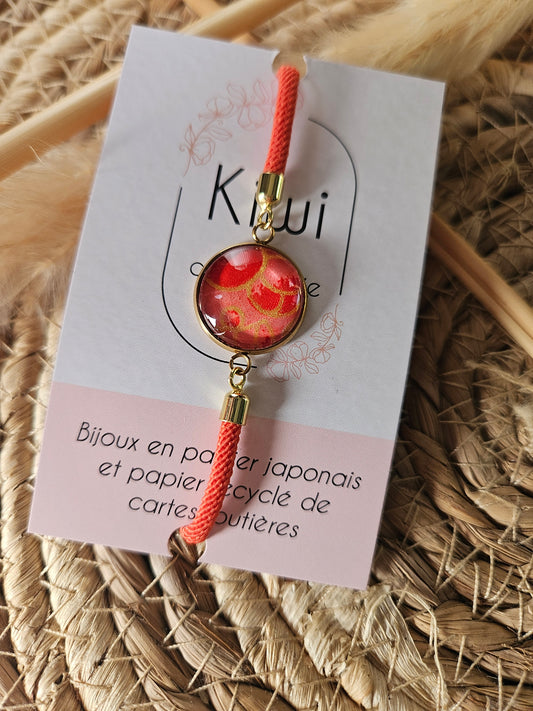 Bracelet réglable en coton orange  - cabochon orange et rouge