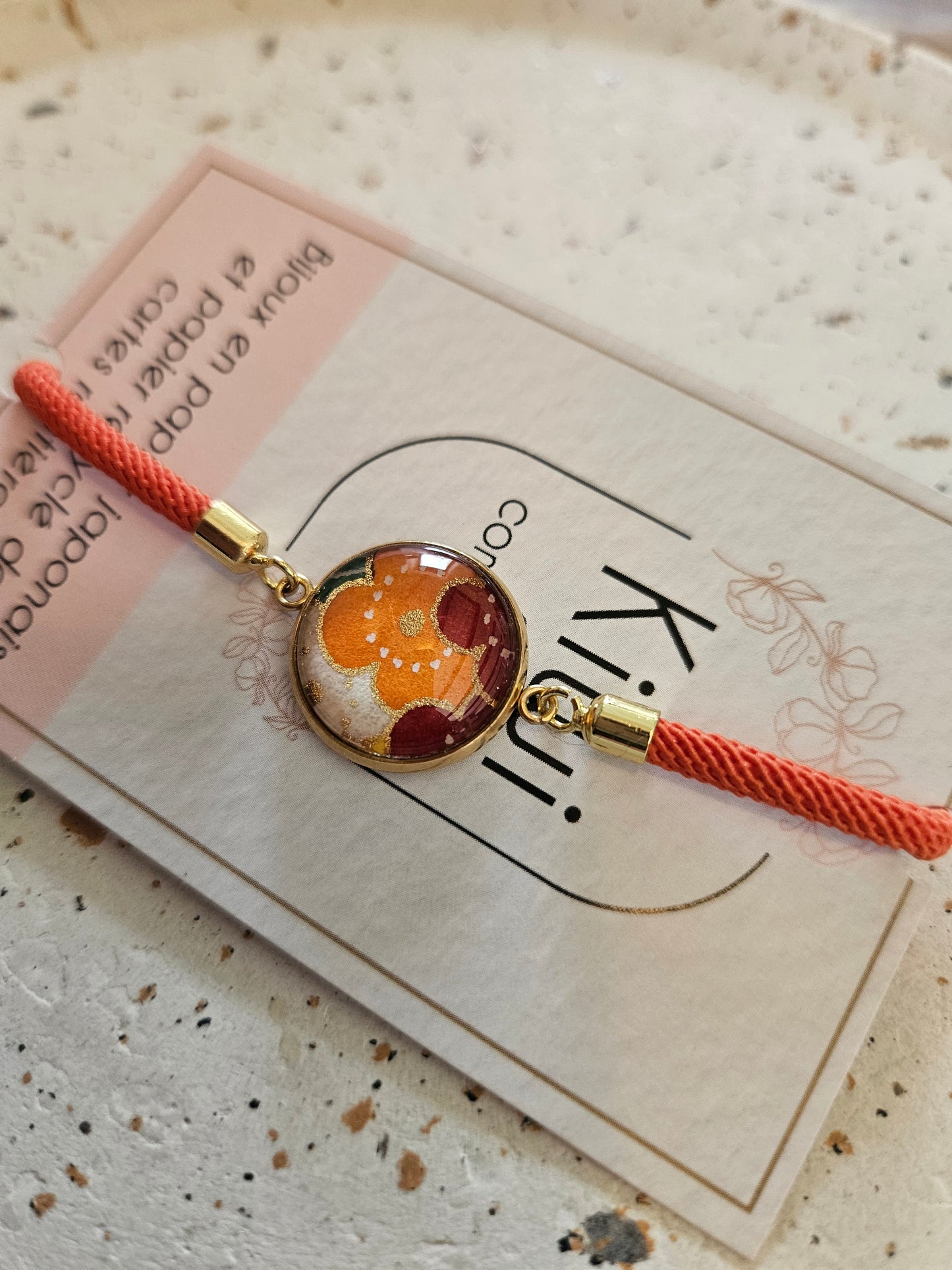 Bracelet réglable en coton orange- cabochon fleur orange