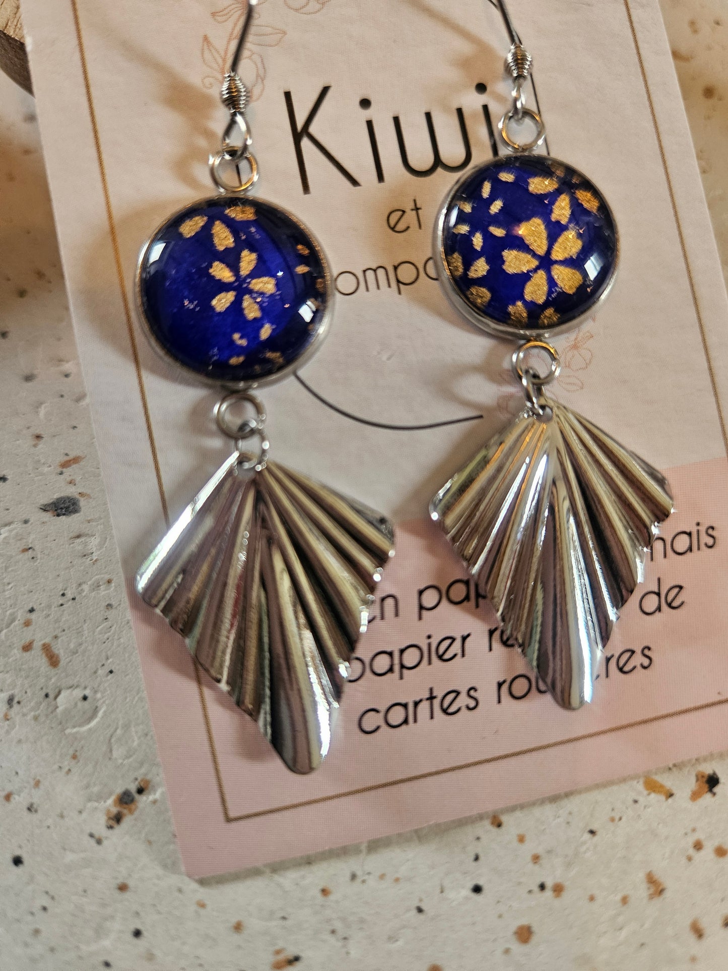 Boucles d'oreilles cabochons ronds 16mm - Acier inoxydable - papier japonais bleu floral - breloque losange