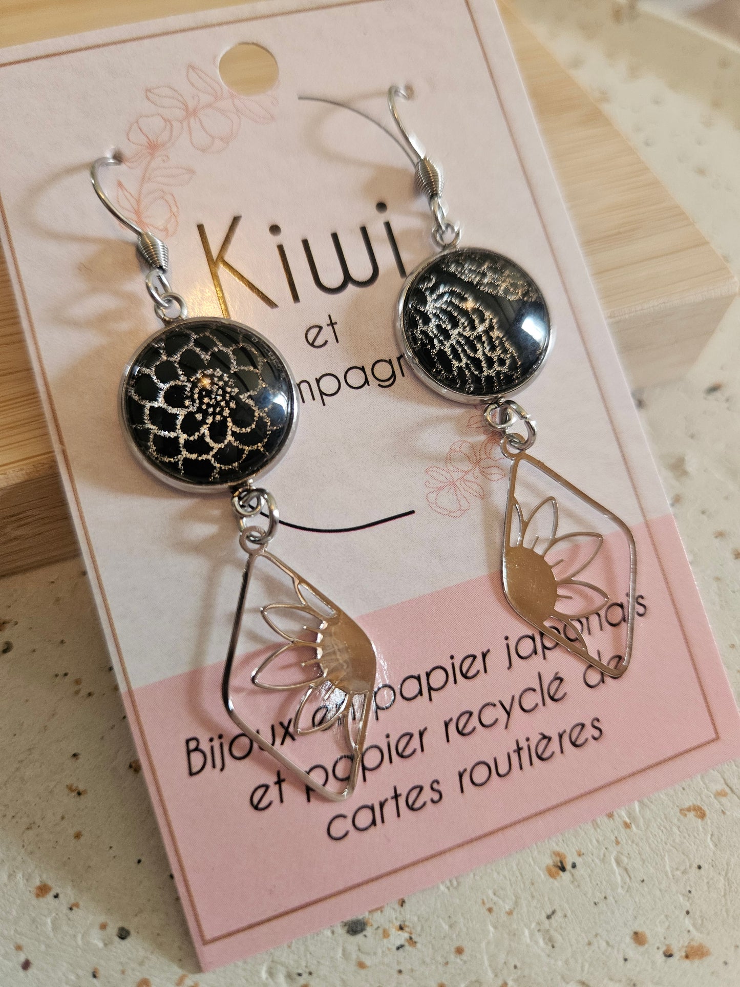 Boucles d'oreilles cabochons ronds 14mm - Acier inoxydable -losange noir