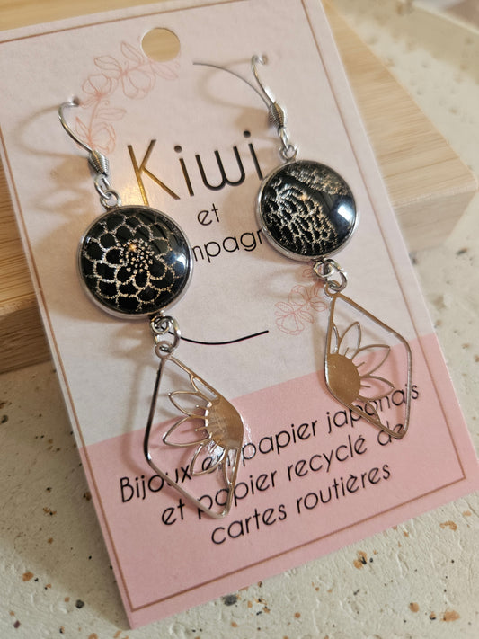 Boucles d'oreilles cabochons ronds 14mm - Acier inoxydable -losange noir