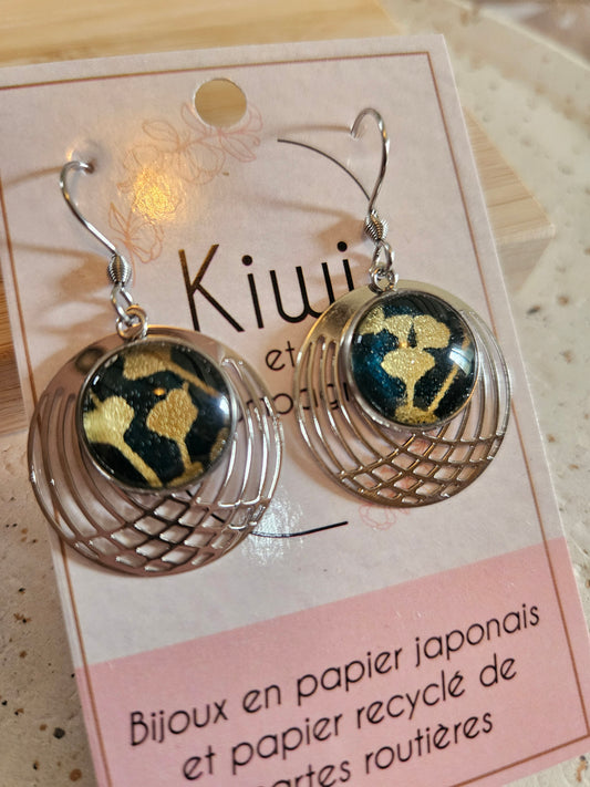 Boucles d'oreilles cabochons ronds 14mm - Acier inoxydable -cercle filigrane -vert