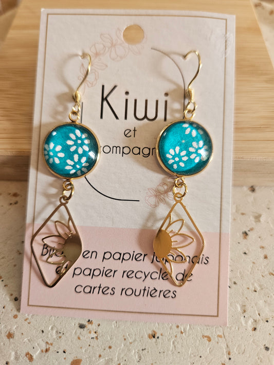 Boucles d'oreilles cabochons ronds 14mm - Acier inoxydable dore -losange-turquoise