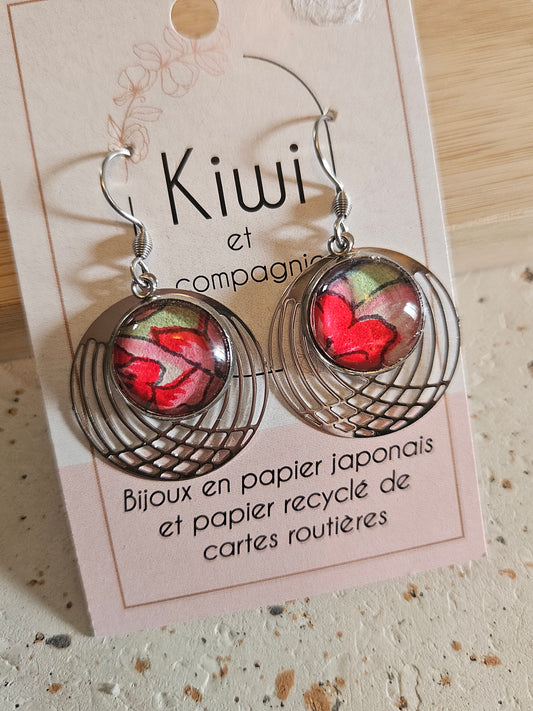 Boucles d'oreilles cabochons ronds 14mm - Acier inoxydable -cercle filigrane -rose