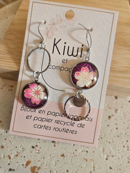 Boucles d'oreilles asymétriques en acier inoxydable– Cabochons 16mm–violet