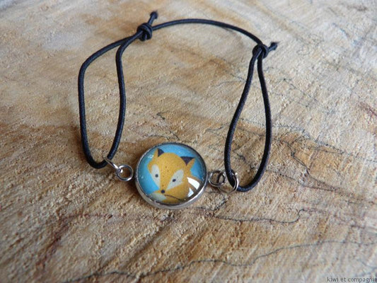 Bracelet élastique noir avec cabochon renard