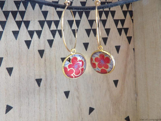 Boucles d'oreilles Créoles 25 mm - cabochons verre 16 mm - cléo : papier japonais bleu fleur rouge - acier inoxydable doré