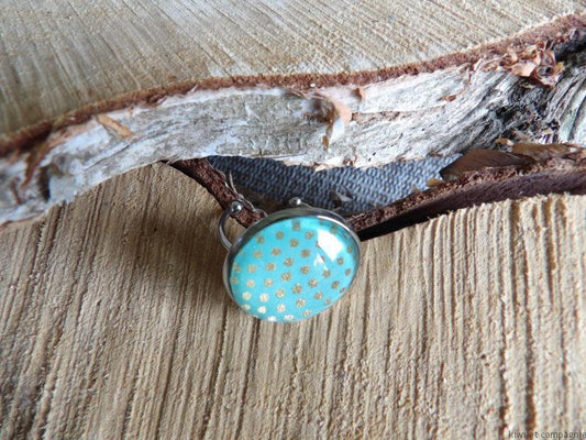 Bague ajustable ronde cabochon 20mm - Métal argenté - turquoise pois doré