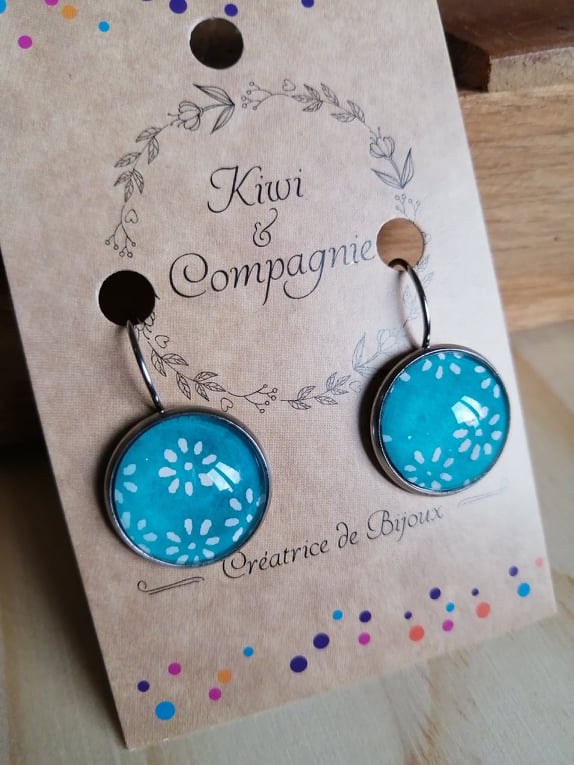 Boucles d'oreilles dormeuses rondes 16mm - Acier inoxydable - papier japonais bleu turquoise fleur blanche