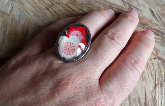 Bague cabochon ovale de 18x25mm - collection flora : gris, rouge, blanc - acier inoxydable