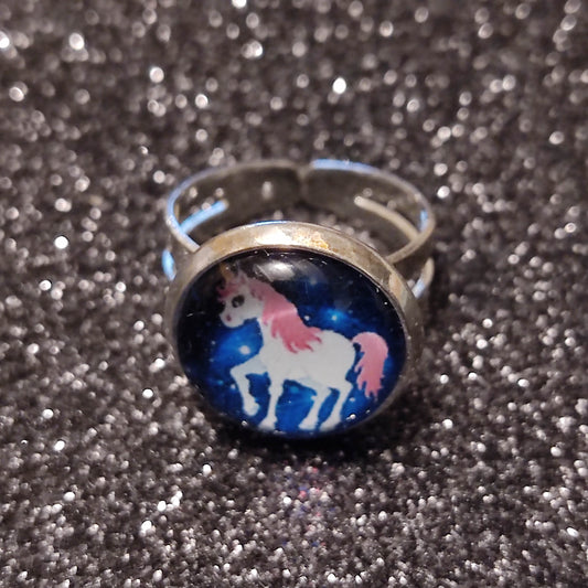 Bague fille - cabochon 12mm - licorne fond bleu nuit