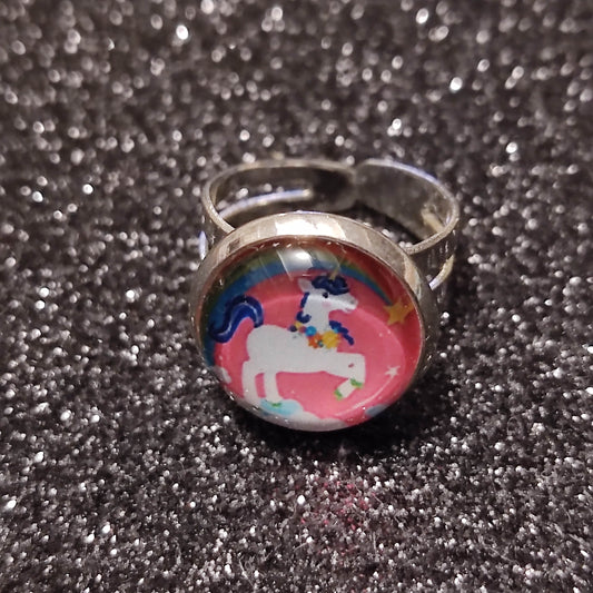 Bague fille - cabochon 12mm - licorne fond rose