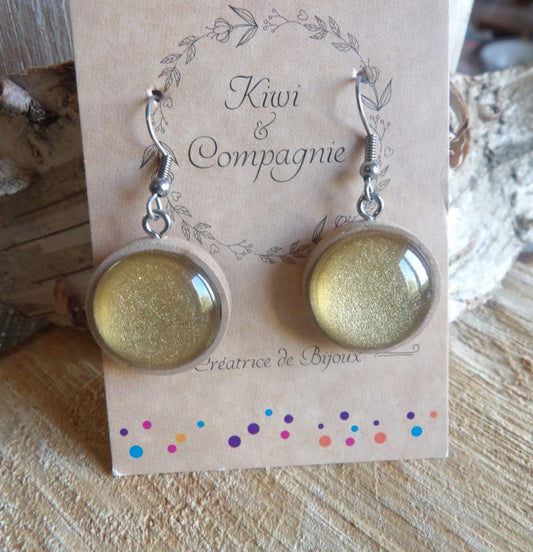 Boucles d'oreilles pendantes bois 19mm - dorée et pailletée