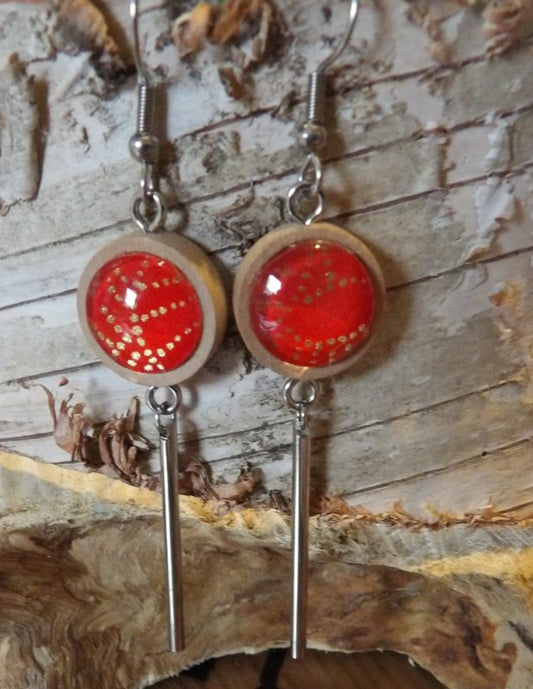 Boucles d'oreilles support bois 15mm avec tube métal - papier japonais rouge pois dorés