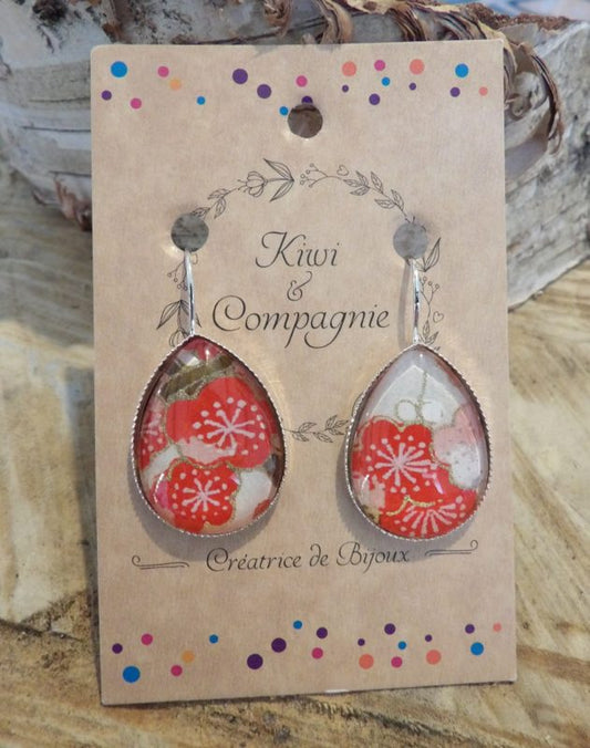 Boucles d'oreilles dormeuses gouttes 18x25mm - Acier inoxydable - papier japonais floral rouge, doré et crème