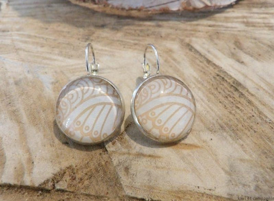 Boucles d'oreilles dormeuses rondes 20mm - Acier inoxydable - graphique crème et blanc
