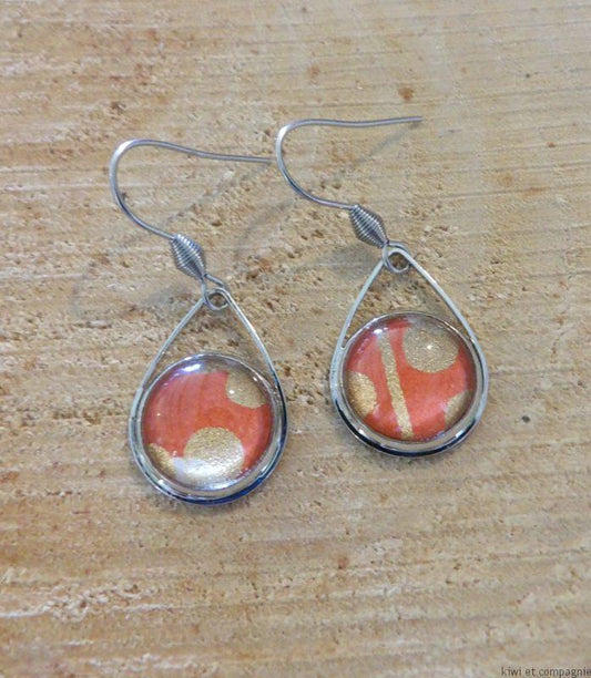 Boucles d'oreilles courtes - acier inoxydable - cabochons ronds 12mm - forme goutte - Orange et doré