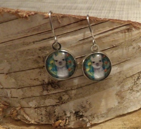 Boucles d'oreilles courtes - modèle enfant avec cabochons ronds 12mm - lama fond vert, fleurs