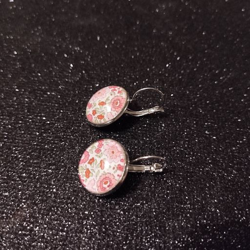 Boucles d'oreilles dormeuses rondes 20mm - Métal argenté - Floral rose, vert et blanc