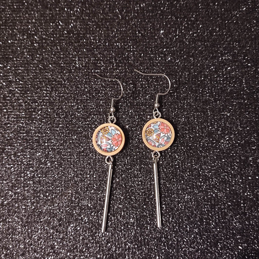 Boucles d'oreilles support bois 15mm avec tube métal - Floral multicouleurs