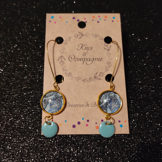 Boucles d'oreilles pendantes crochets fermés - Cabochon rond 12mm - acier inoxydable doré - graphique noir et bleu