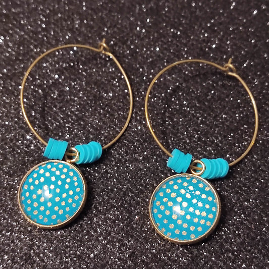 Boucles d'oreilles Créoles 30 mm - cabochons verre 16 mm - papier japonais pois dorés, fond vert émeraude - acier inoxydable doré