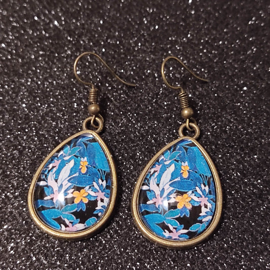 Boucles d'oreilles pendantes goutte 18x25mm - Bronze -  Papier jungle vert, blanc et orange