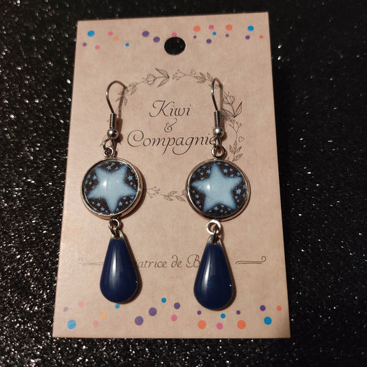 Boucles d'oreilles cabochons 14mm - Acier inoxydable  - Papier star bleue, breloque goutte bleue