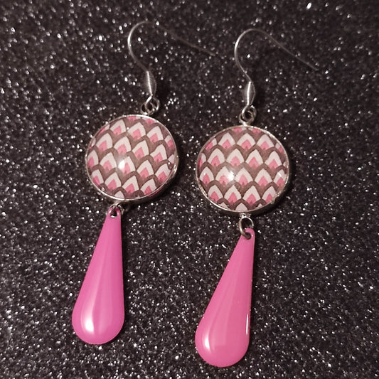 Boucles d'oreilles cabochons ronds 18mm - Acier inoxydable - graphique rose et mauve - sequin rose