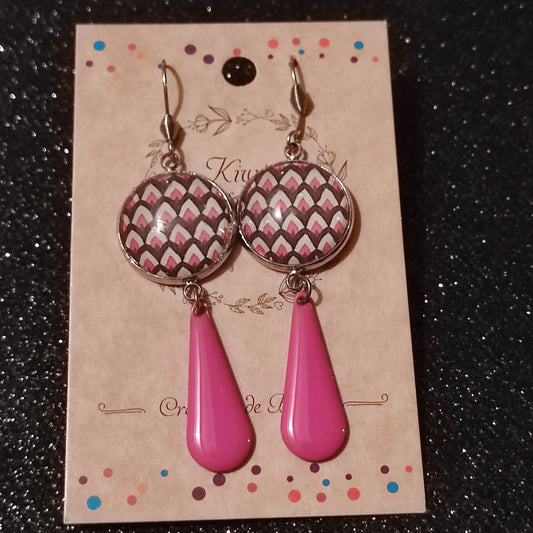 Boucles d'oreilles cabochons ronds 18mm - Acier inoxydable - graphique rose et mauve - sequin rose