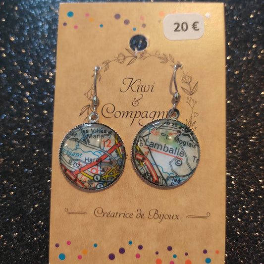 Boucles d'oreilles cabochons ronds 20mm - Acier  - carte routière Lamballe