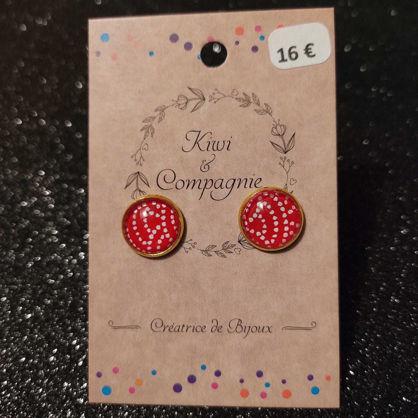 Boucles d'oreilles Puces 12mm - Acier inoxydable doré - Papier japonais pois blanc (arc), fond rouge