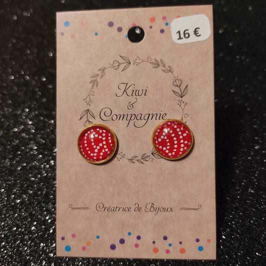 Boucles d'oreilles Puces 12mm - Acier inoxydable doré - Papier japonais pois blanc (arc), fond rouge