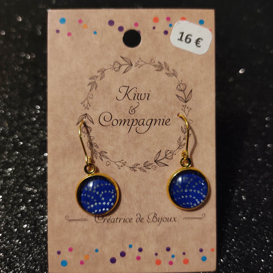 Boucles d'oreilles courtes - acier inoxydable doré - cabochons ronds 12mm - pois dorés, fond bleu nuit