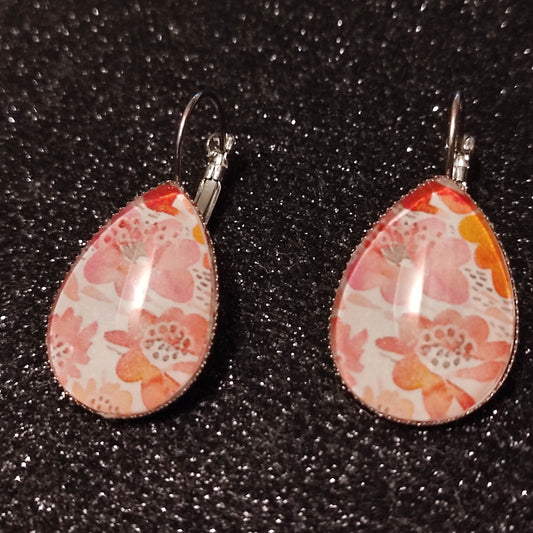 Boucles d'oreilles dormeuses gouttes 18x25mm - acier  - floral rose pastel
