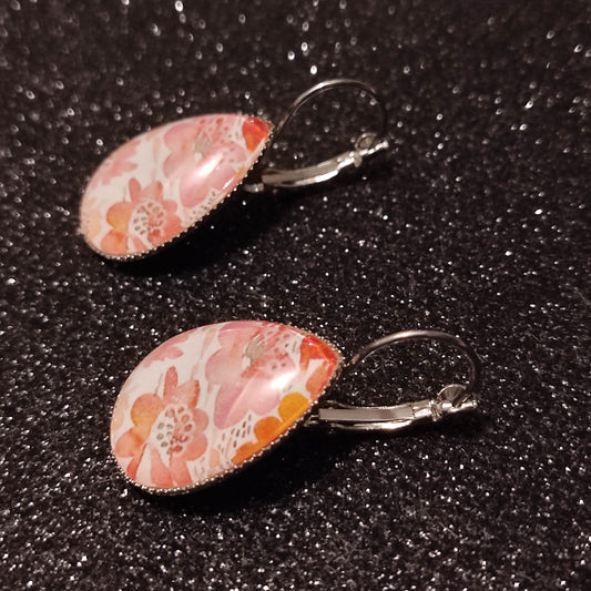 Boucles d'oreilles dormeuses gouttes 18x25mm - acier  - floral rose pastel