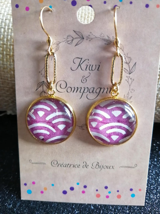 Boucles d'oreilles cabochons ronds 18mm - Acier inoxydable doré - graphique blanc et violet