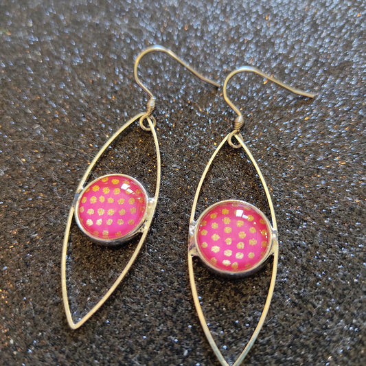 Boucles d'oreilles oeil cabochon 12mm - Métal argenté - rose, pois dorés