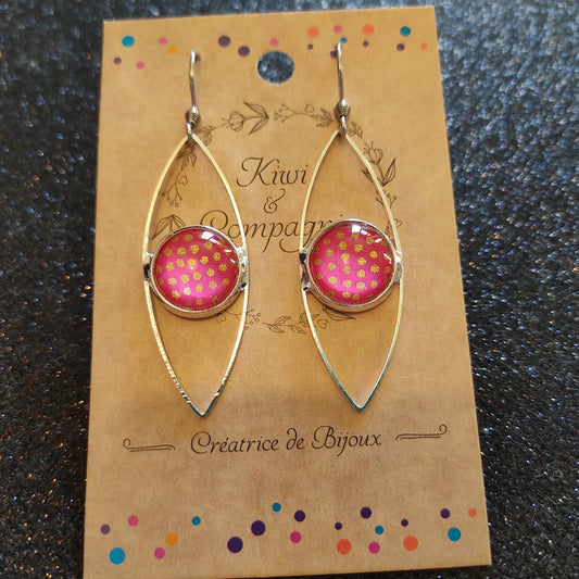 Boucles d'oreilles oeil cabochon 12mm - Métal argenté - rose, pois dorés
