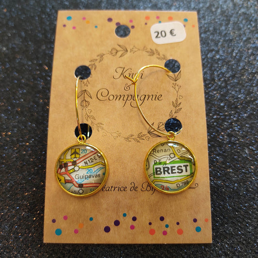 Boucles d'oreilles Créoles 25 mm - cabochons verre 16 mm - recyclage carte routière Brest, Guipavas (29) - acier inoxydable doré
